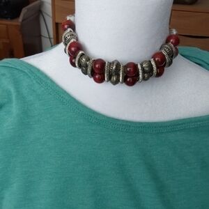 Red and Silver Beaded Choker Necklace